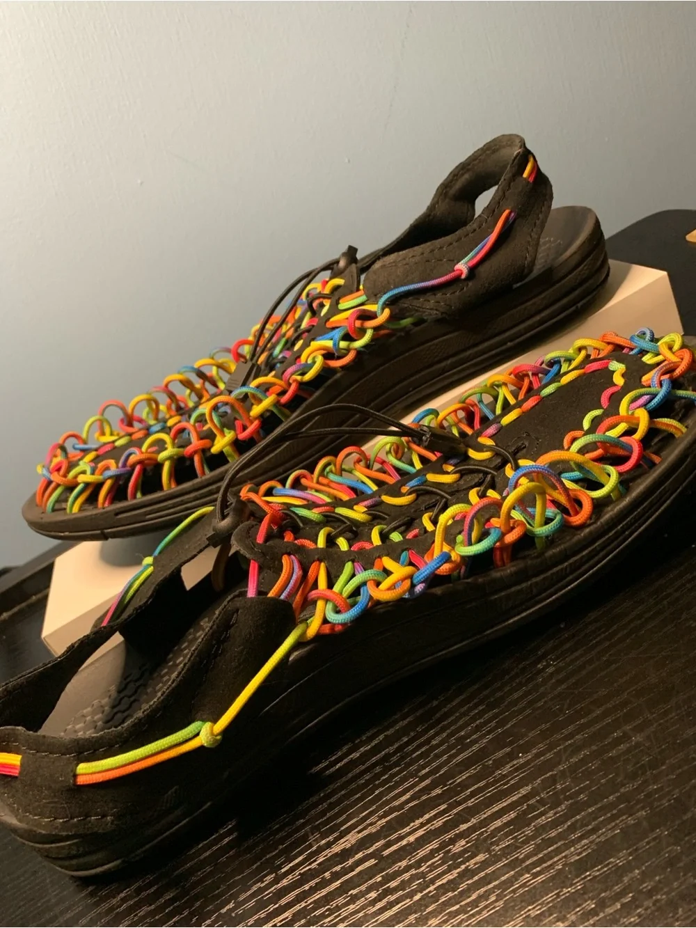 Men's Rainbow Cord Knit Black Sandals - Multicolor Elastic Straps
